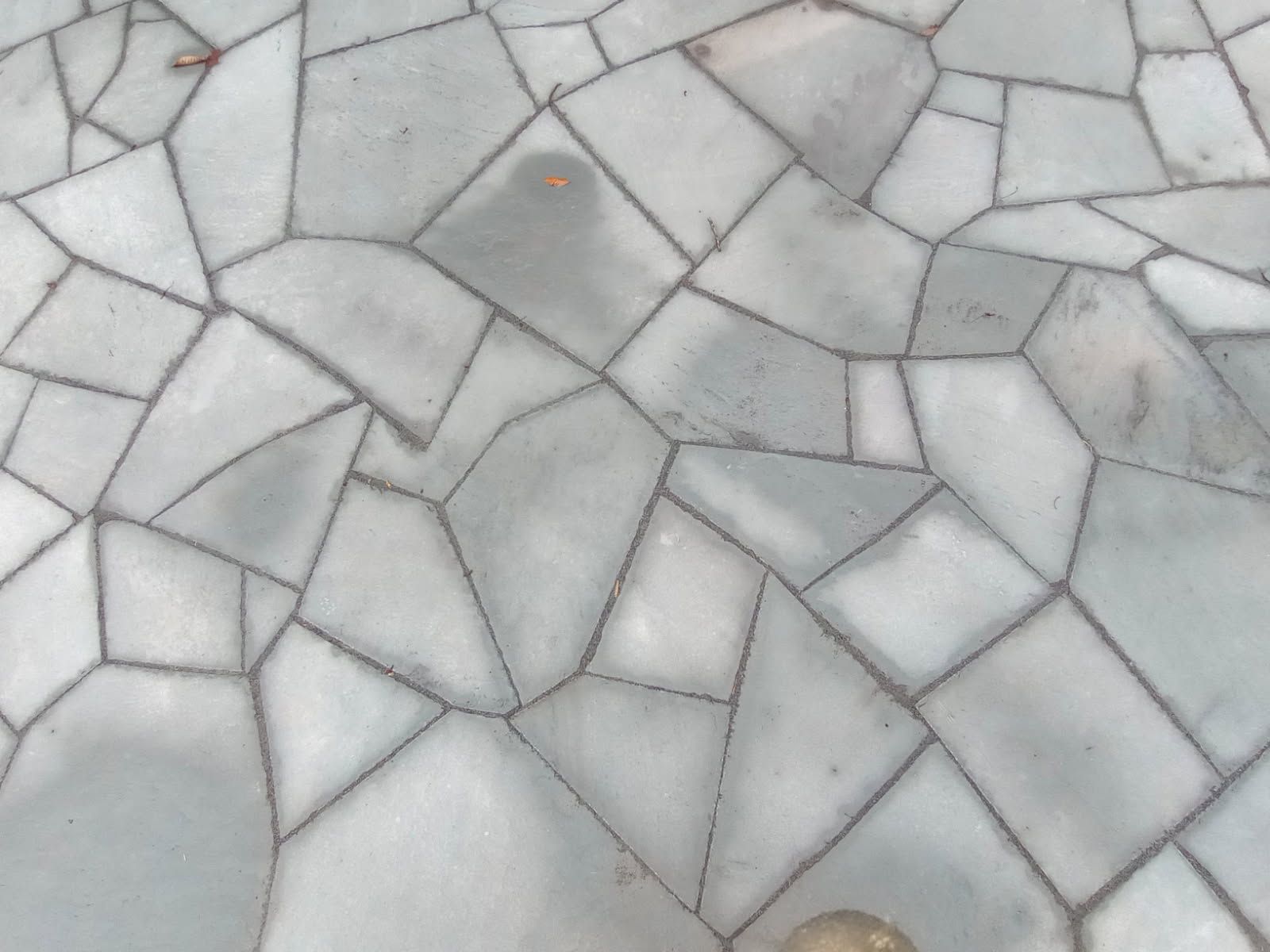 Gray flagstone patio with dark grout lines.