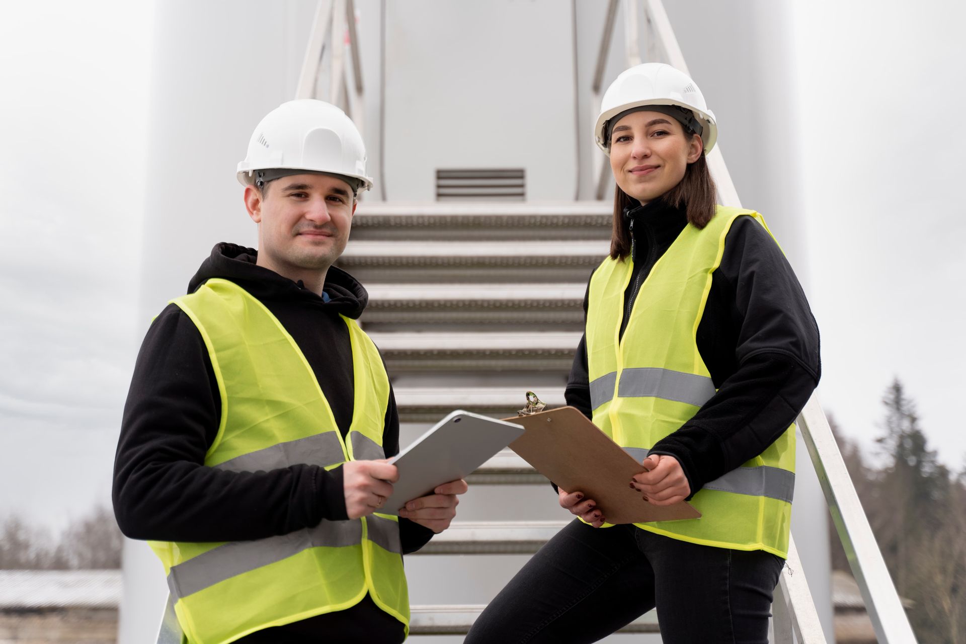 Two people in safety vests and hard hats stand on metal stairs, smiling.