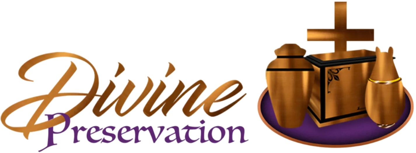 Logo for Divine Preservation, featuring stylized urns, a cross, and text on a purple backdrop.