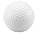A close up of a white golf ball on a white background.