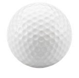 A close up of a white golf ball on a white background.