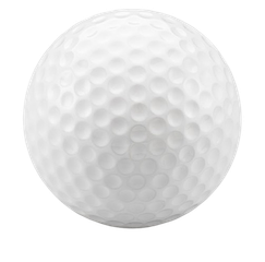 A close up of a white golf ball on a white background.