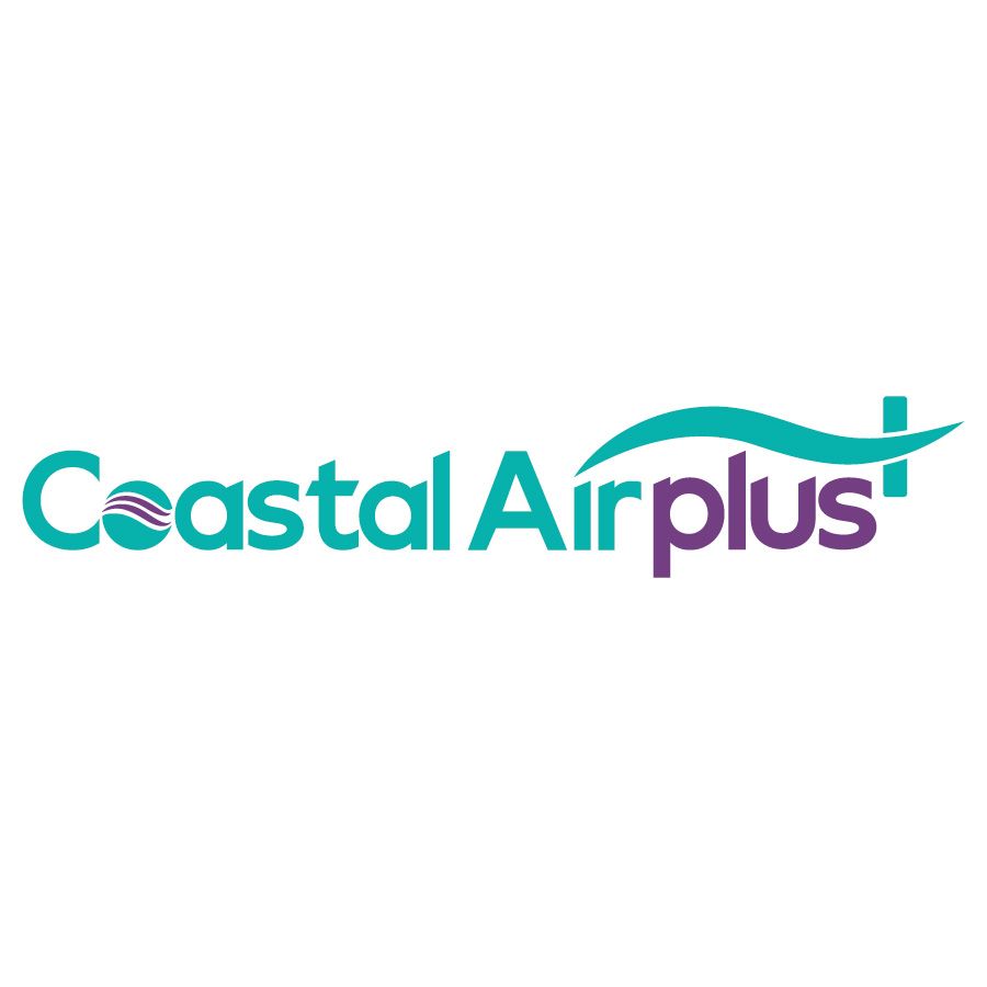 The logo for coastal air plus is blue and purple.