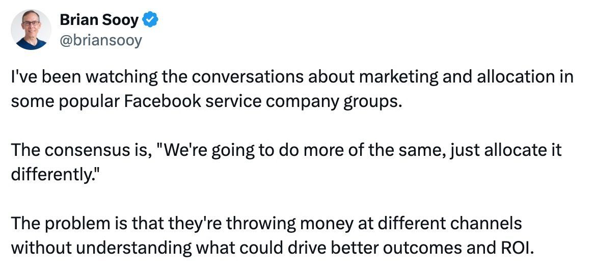 Brian Sooy is watching the conversations about marketing and allocation in some popular facebook service company groups.