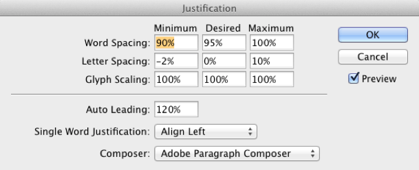 Indesign justification settings