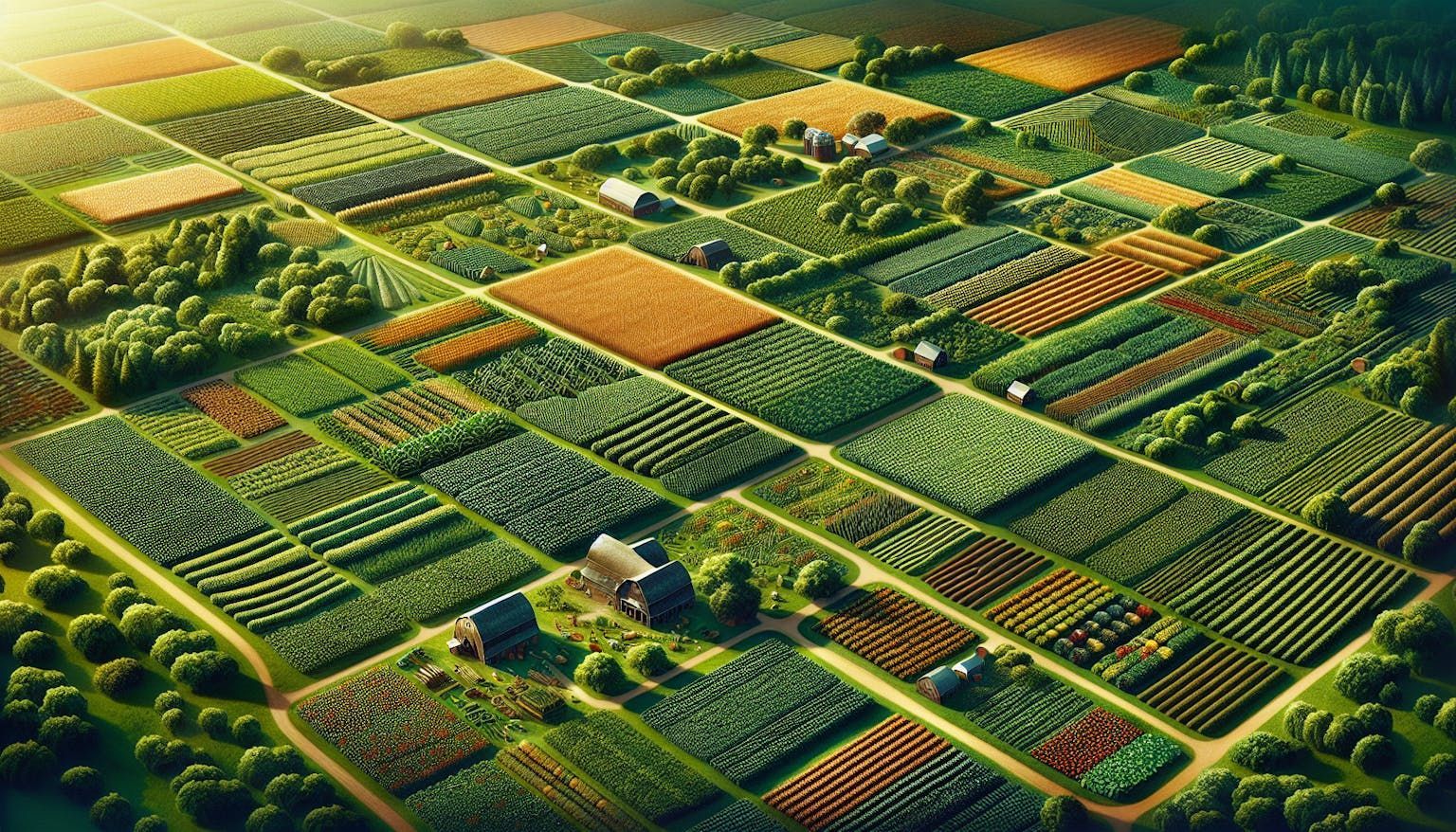 An aerial view of a lush green field filled with lots of plants and trees.