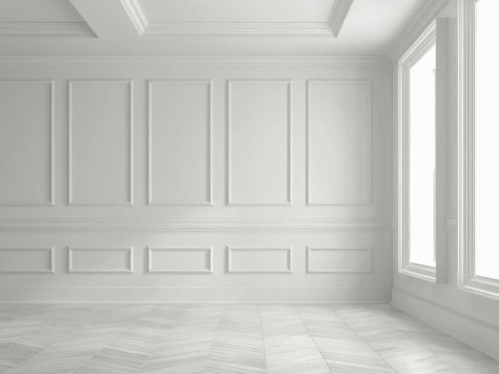 Empty white room with detailed molding, floor-to-ceiling window, and wood-like flooring.