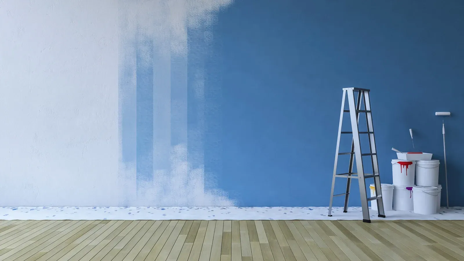 A room is being painted blue and white with a ladder and paint buckets.