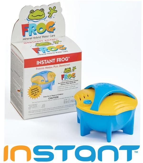 Box and device of Instant Frog, a mineral hybrid water care system for pools. Blue and yellow.