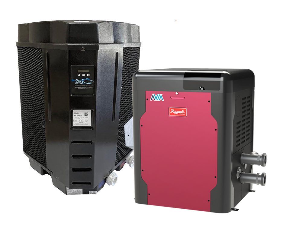 Two black and red pool heaters, likely for residential use, sit on a white background.