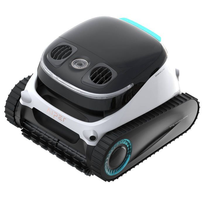 Robot pool cleaner with black and white body, tracks, and turquoise accents.