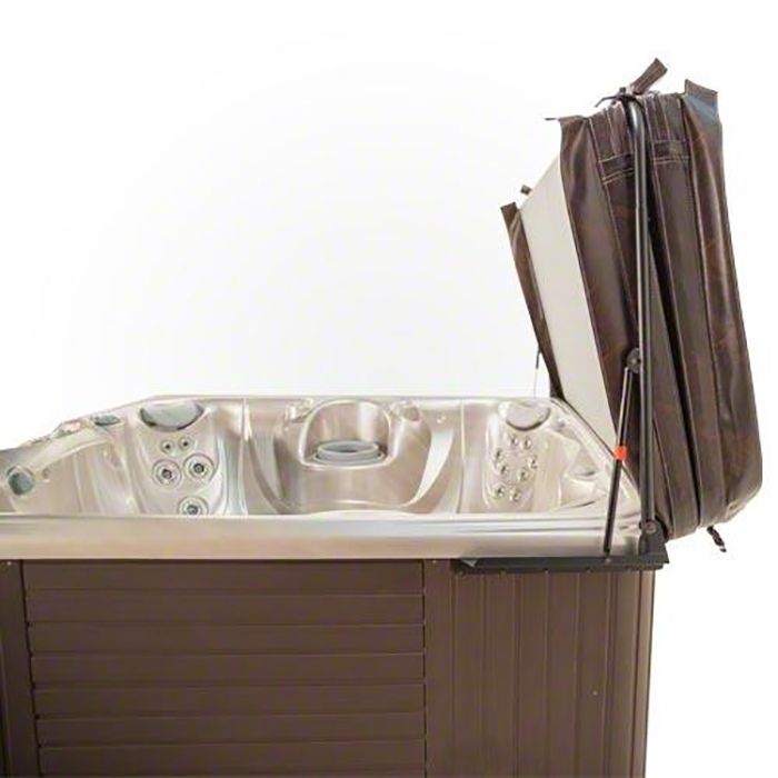 A brown hot tub with a cover lifter, cover open. The cover and tub have brown siding.