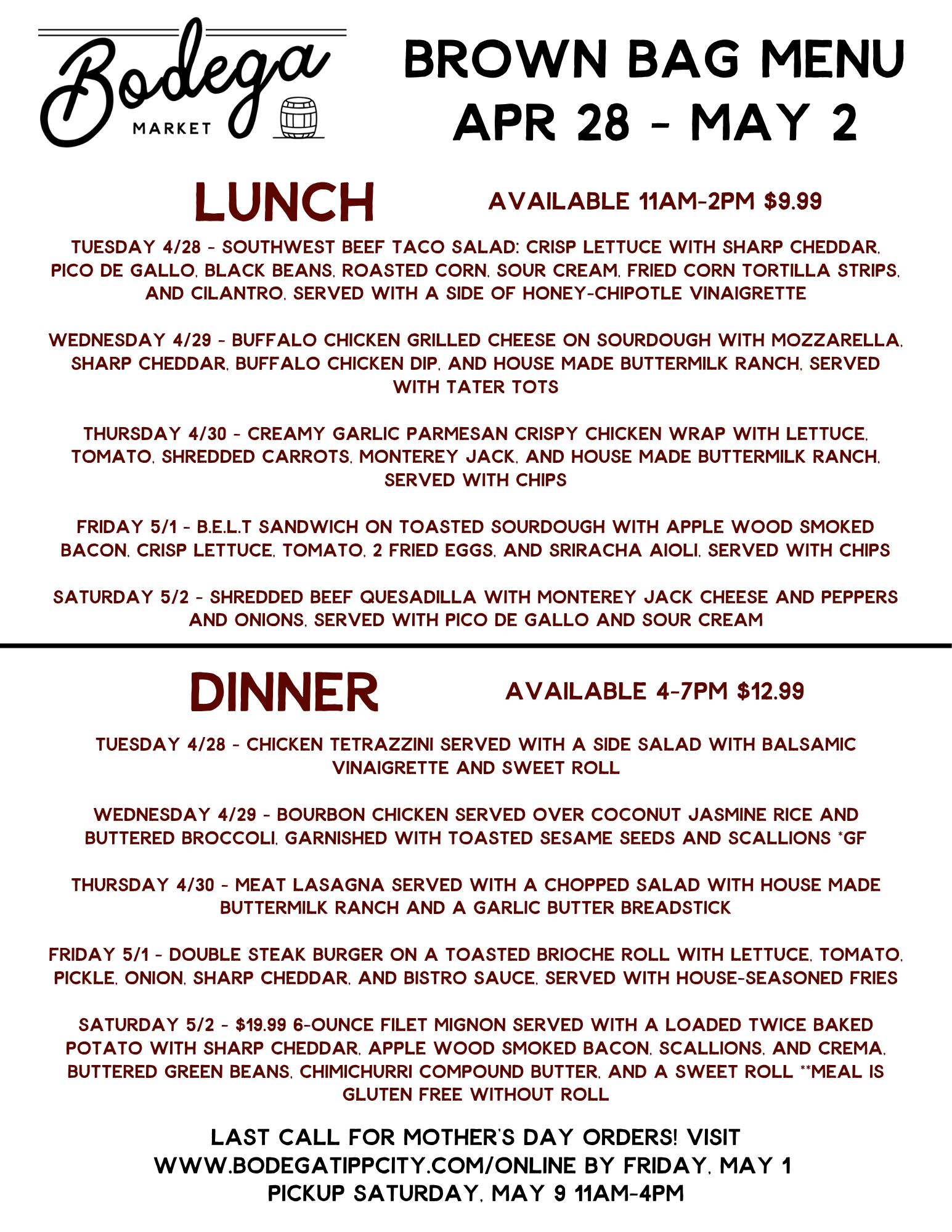 BODEGA WEEKLY BROWN BAG MENU