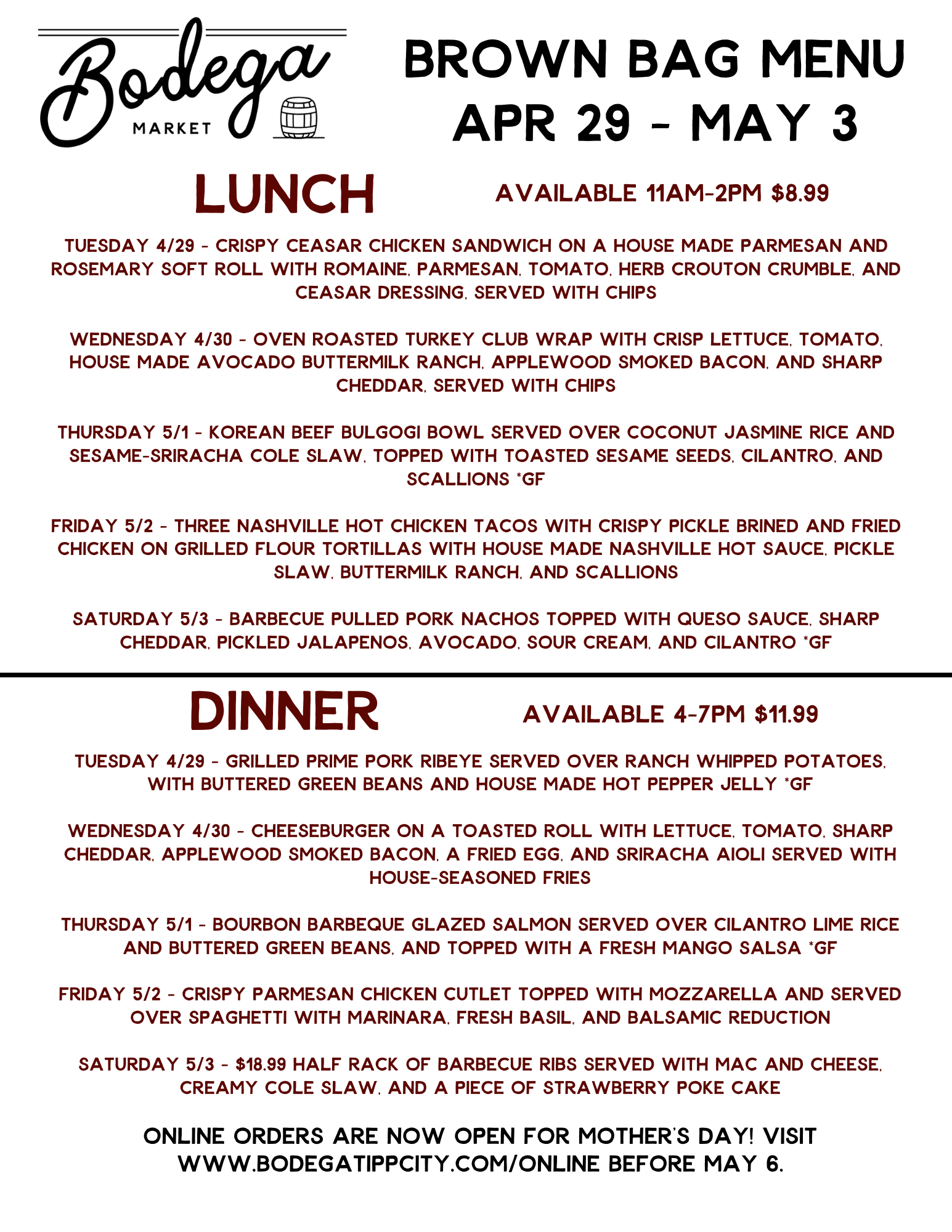 BODEGA WEEKLY BROWN BAG MENU