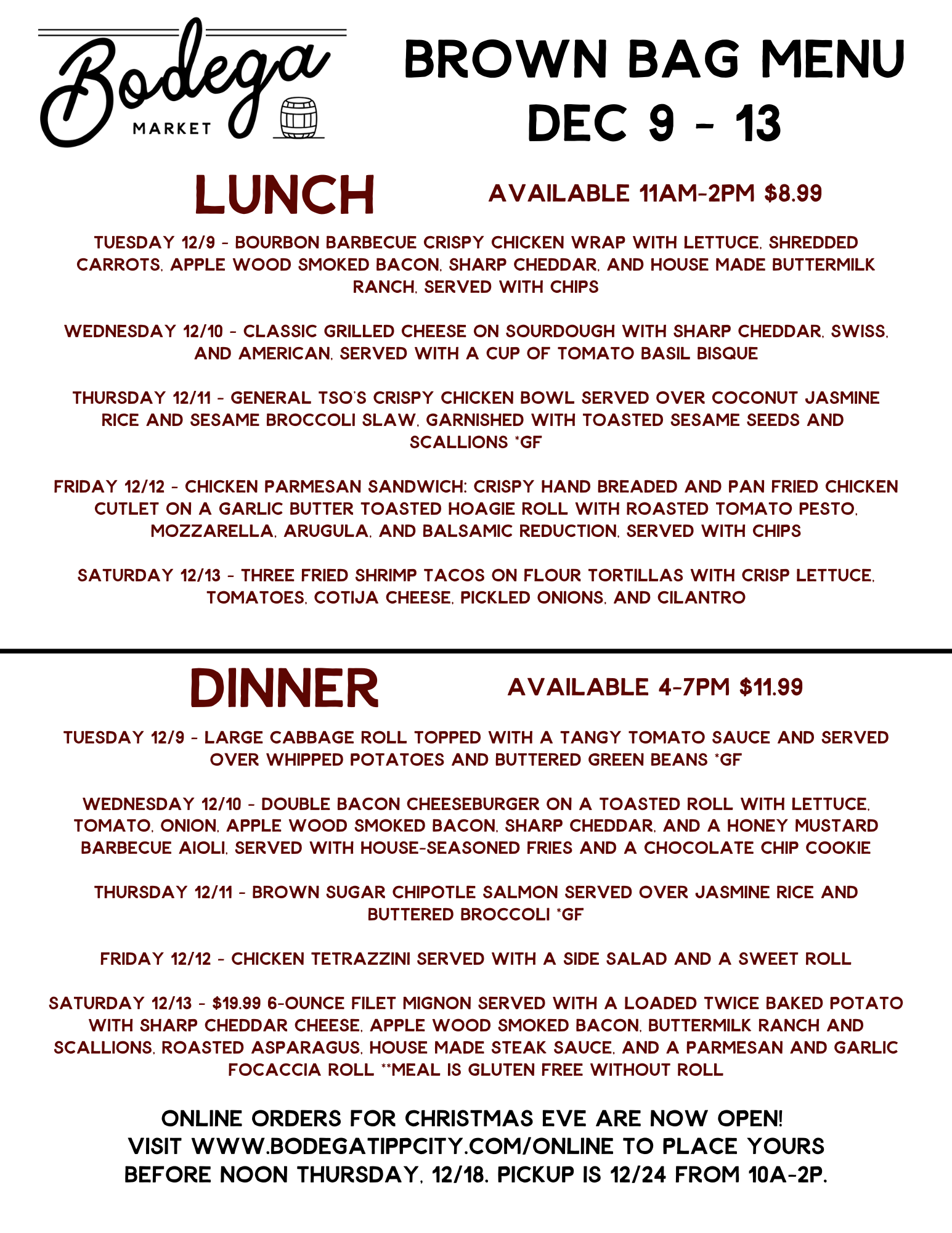 BODEGA WEEKLY BROWN BAG MENU