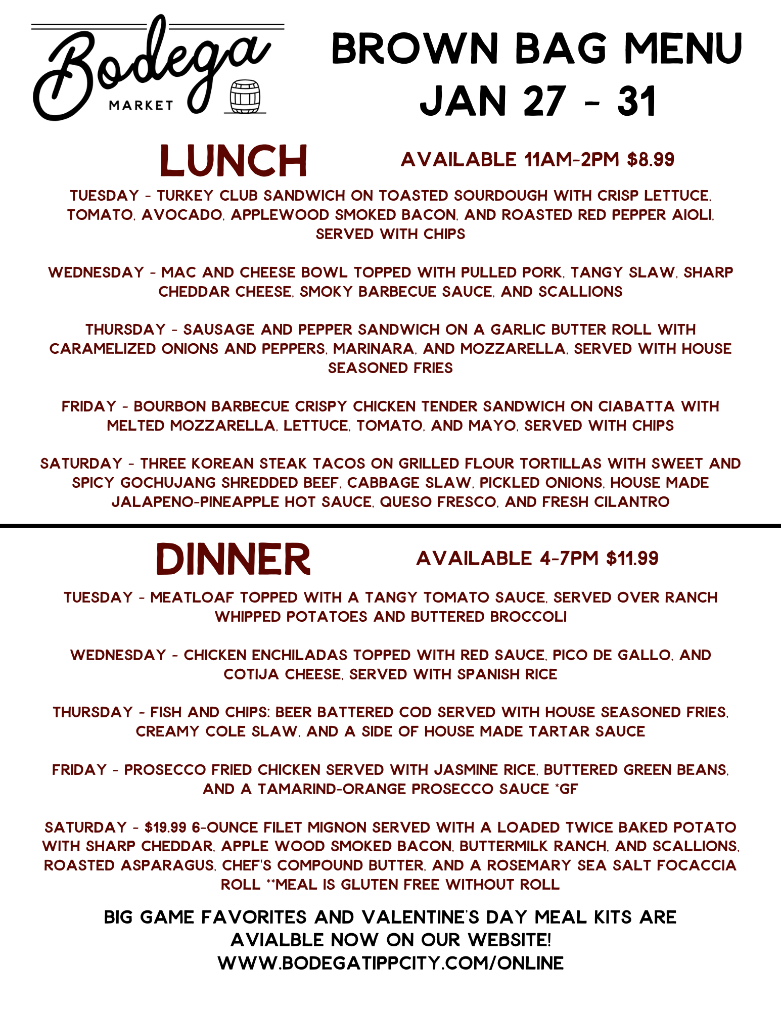 BODEGA WEEKLY BROWN BAG MENU