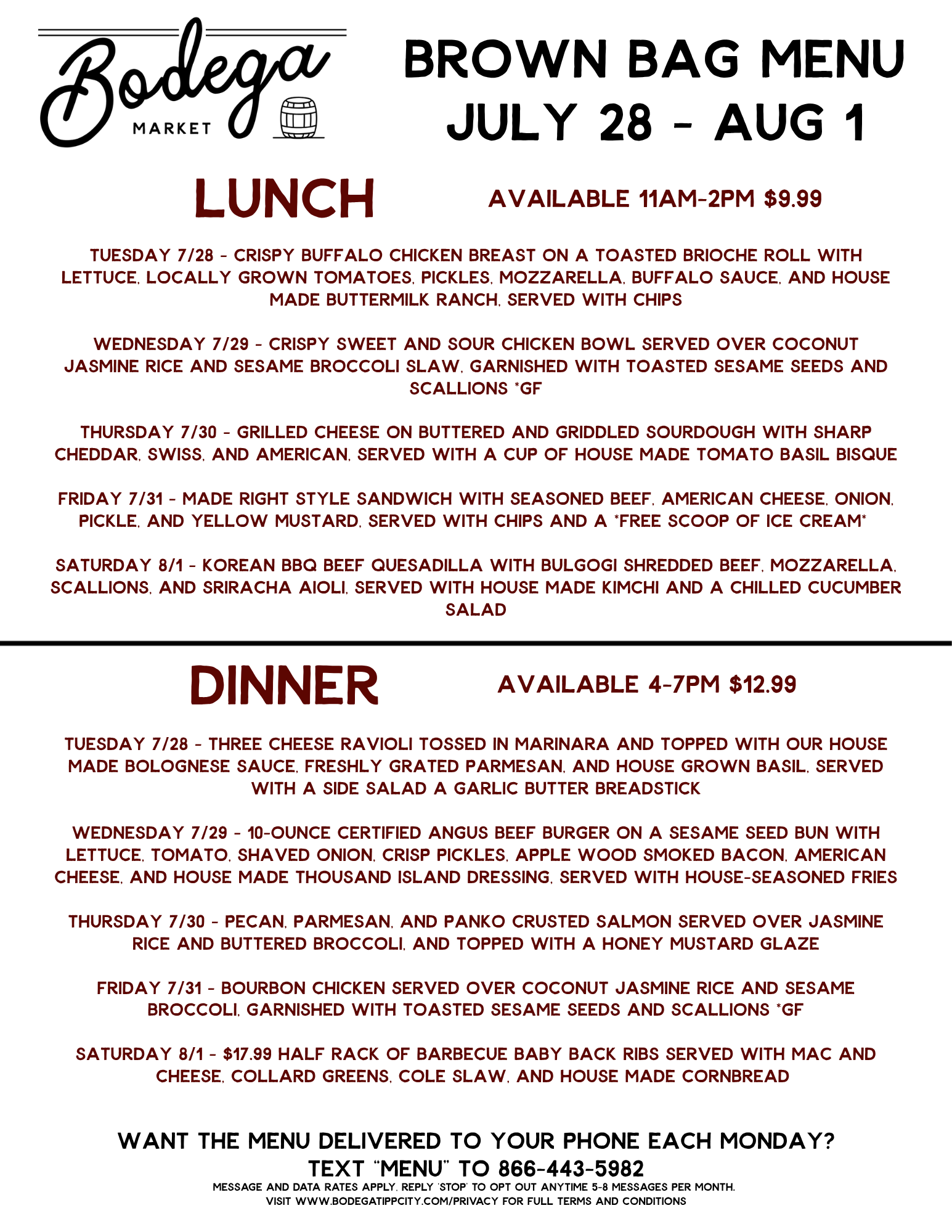 BODEGA WEEKLY BROWN BAG MENU