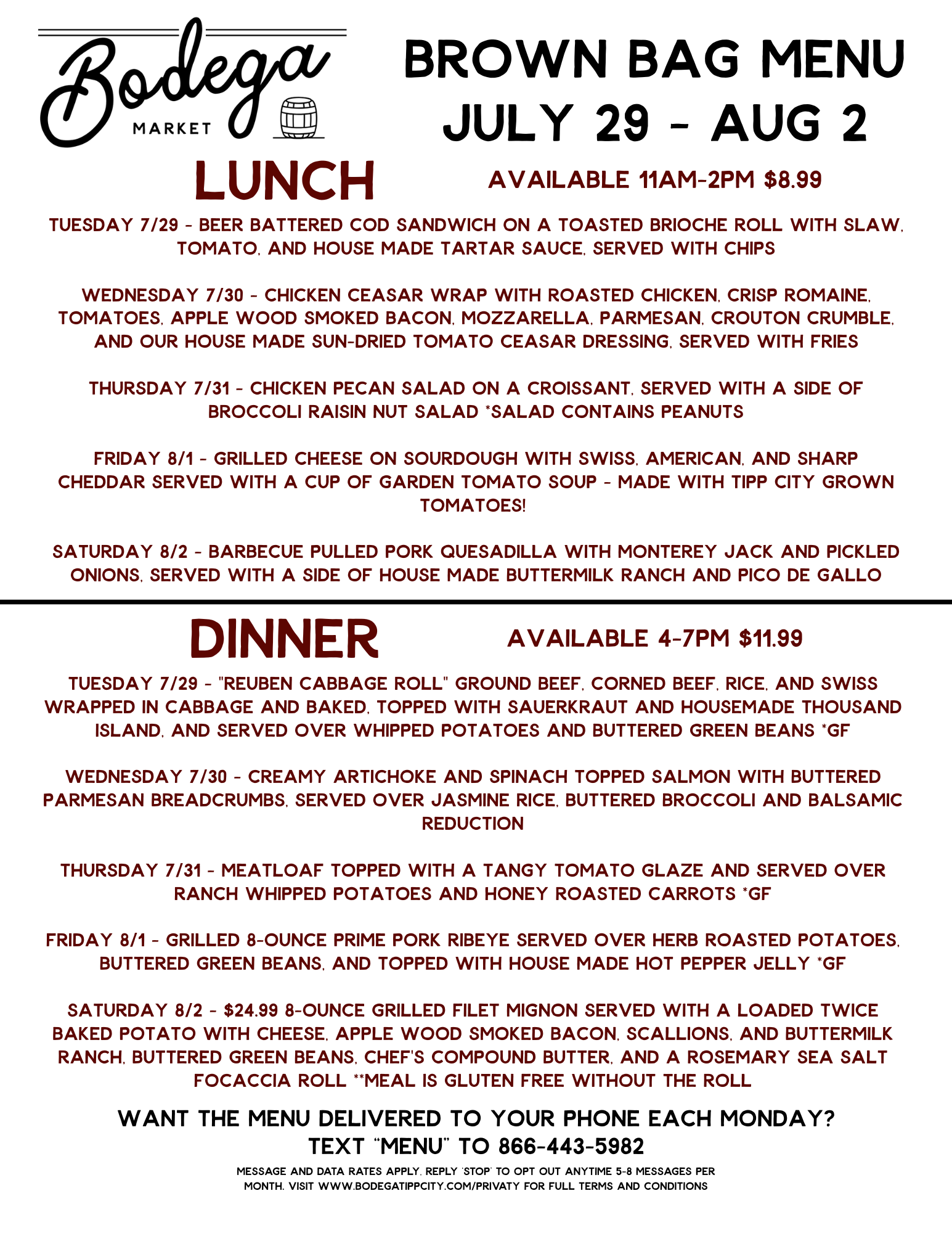 BODEGA WEEKLY BROWN BAG MENU