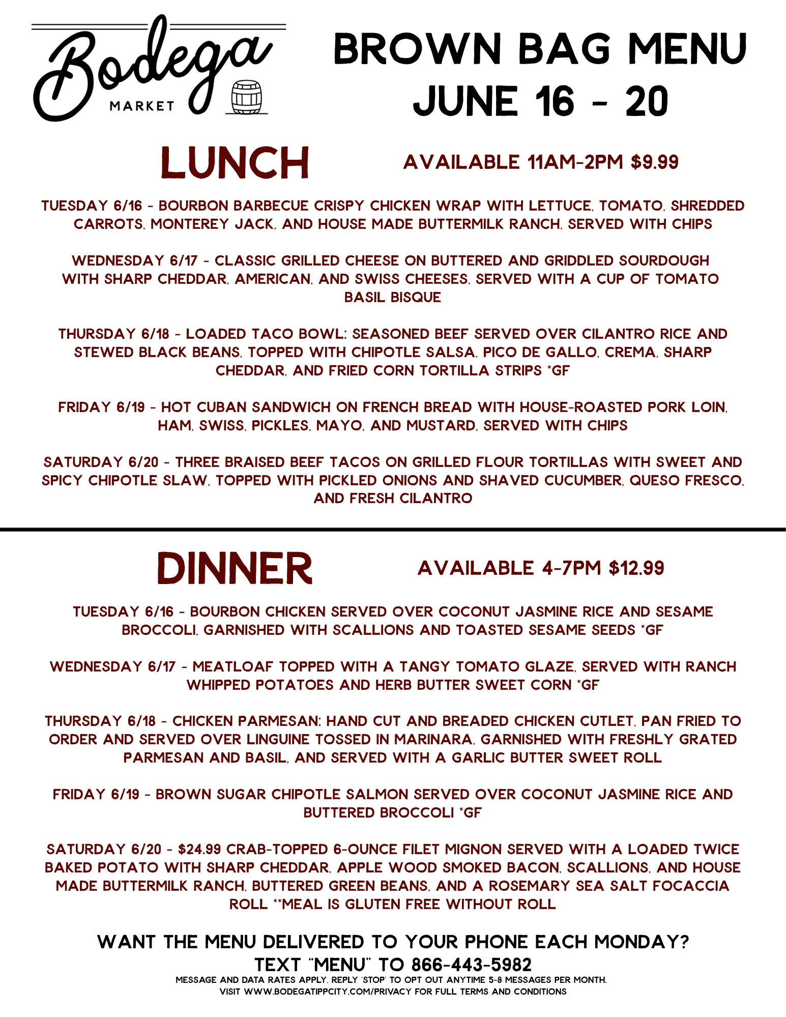 BODEGA WEEKLY BROWN BAG MENU