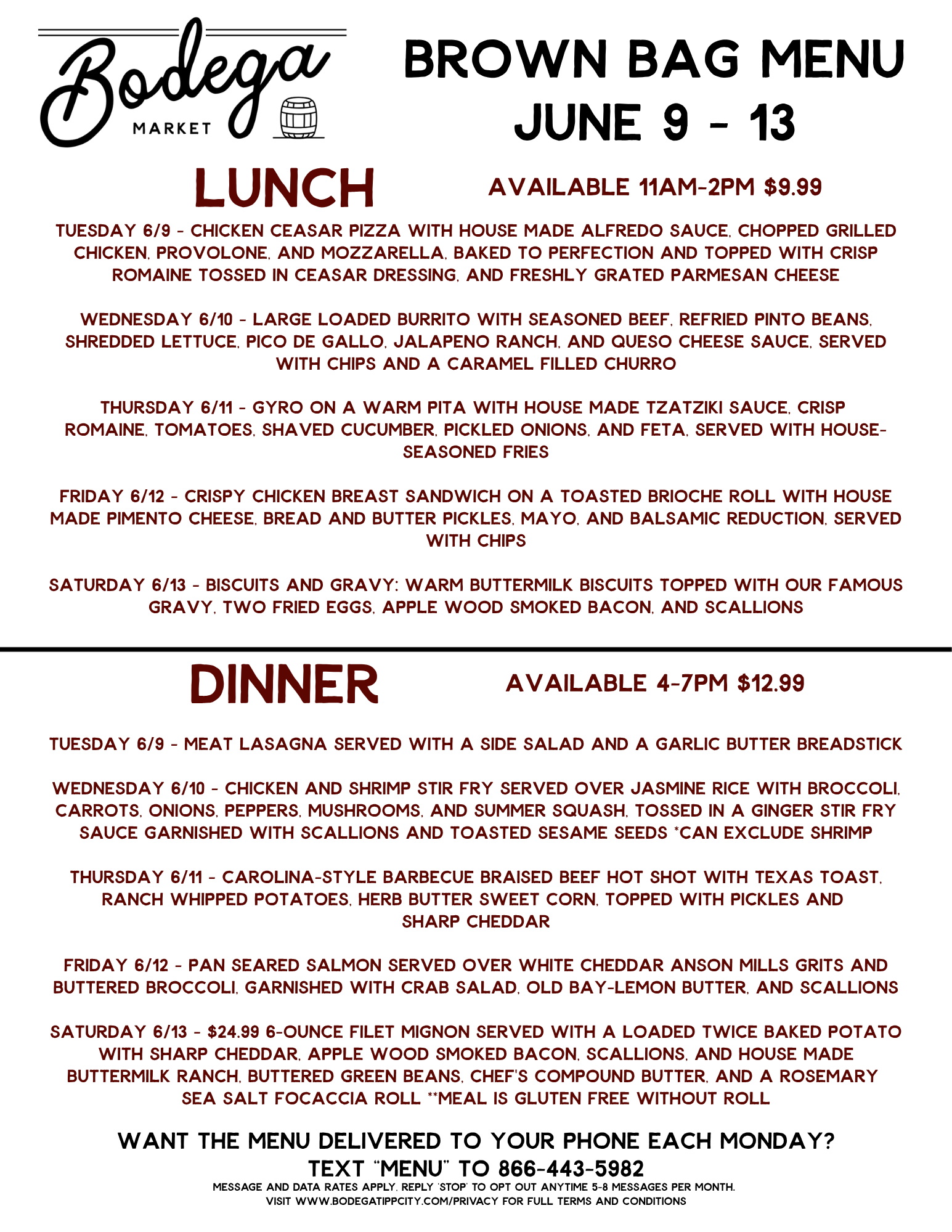 BODEGA WEEKLY BROWN BAG MENU