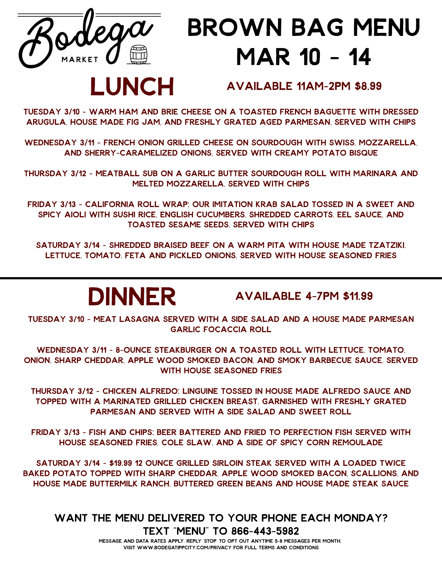 BODEGA WEEKLY BROWN BAG MENU