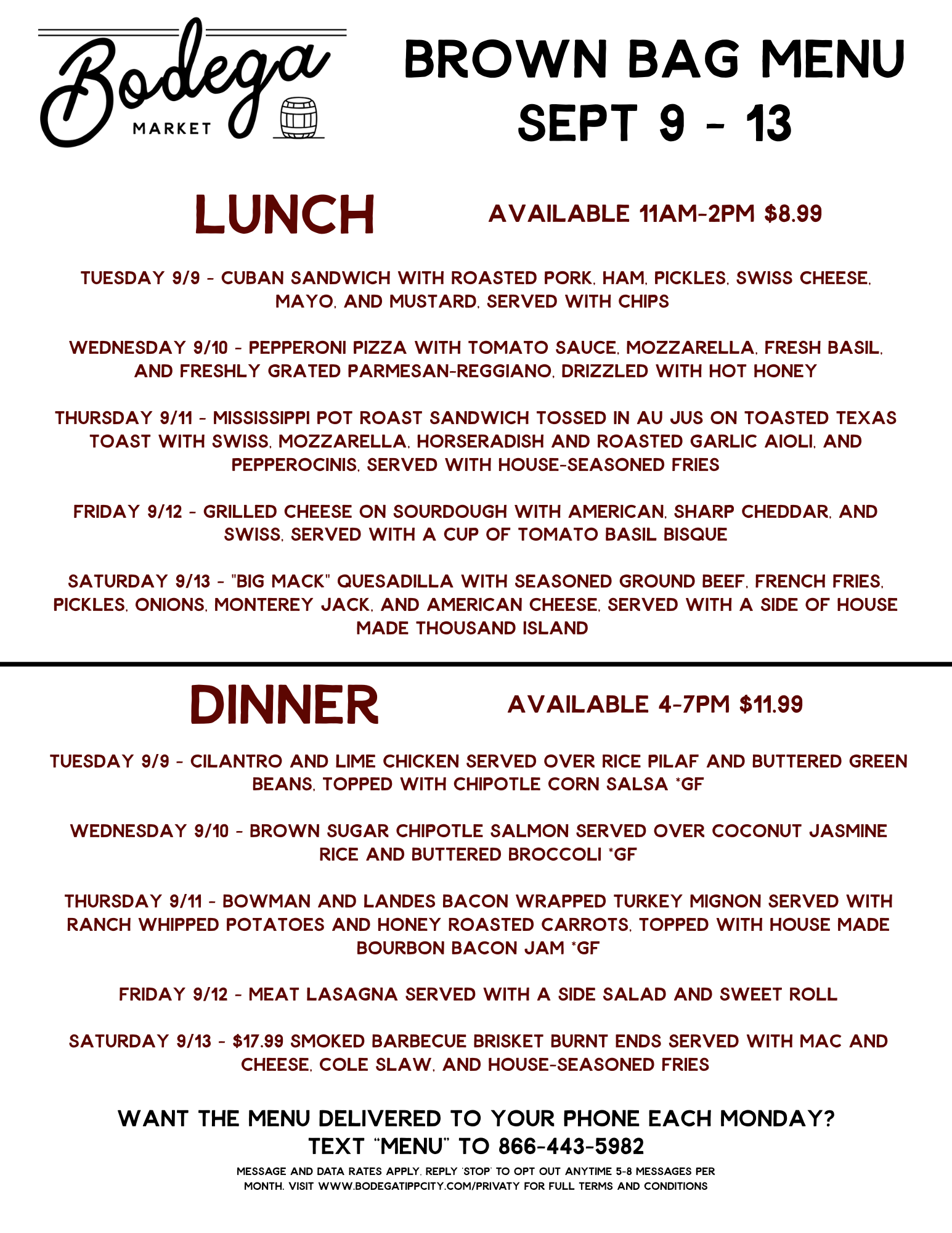 BODEGA WEEKLY BROWN BAG MENU