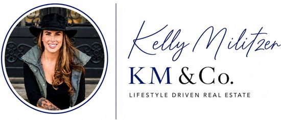 Portrait logo for Kelly Militzer, KM & Co. Lifestyle Driven Real Estate, with circular headshot and script text.