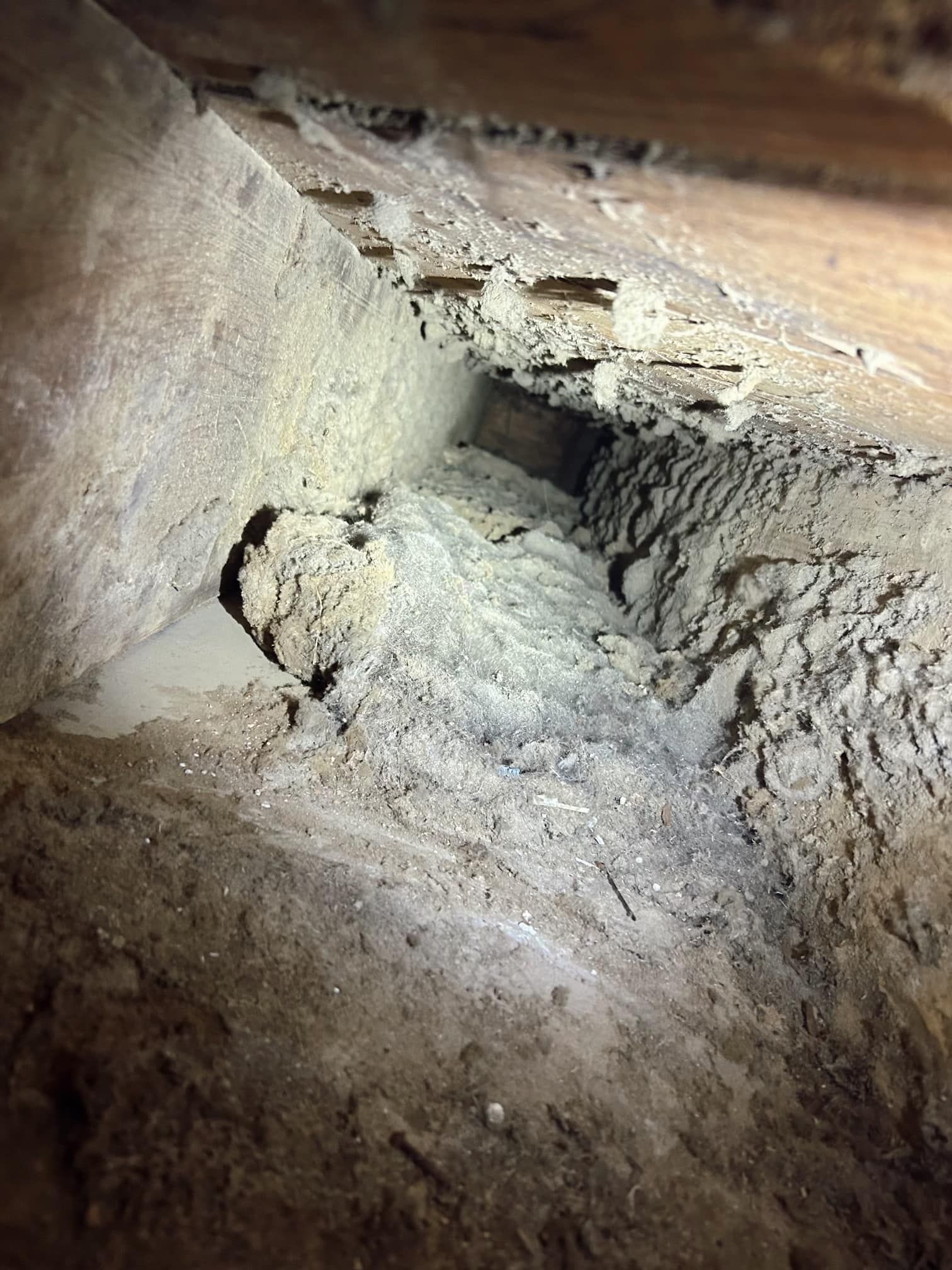 Crumbled plaster and debris within a dark crawlspace. Wooden beams are visible above.