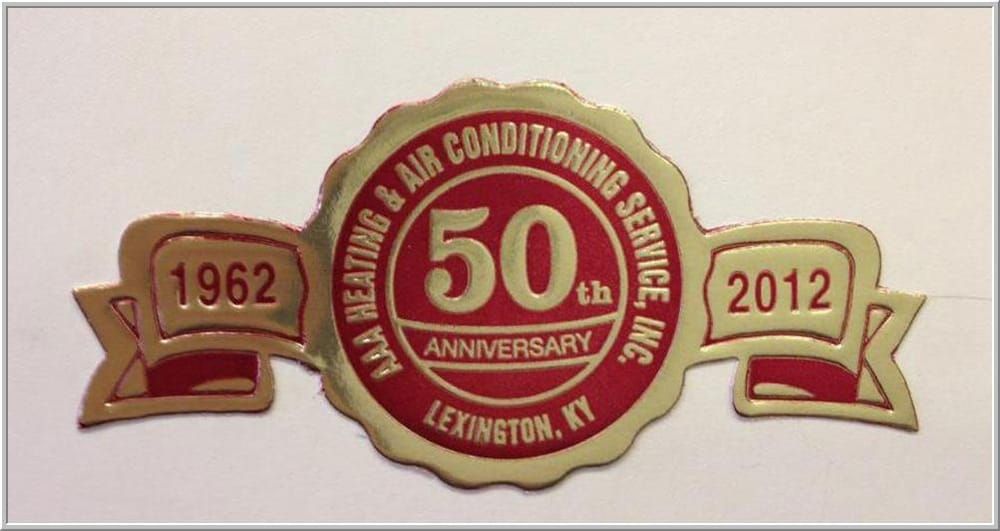 Gold and red seal celebrating 50th anniversary of HVAC company in Lexington, KY; dates 1962-2012.