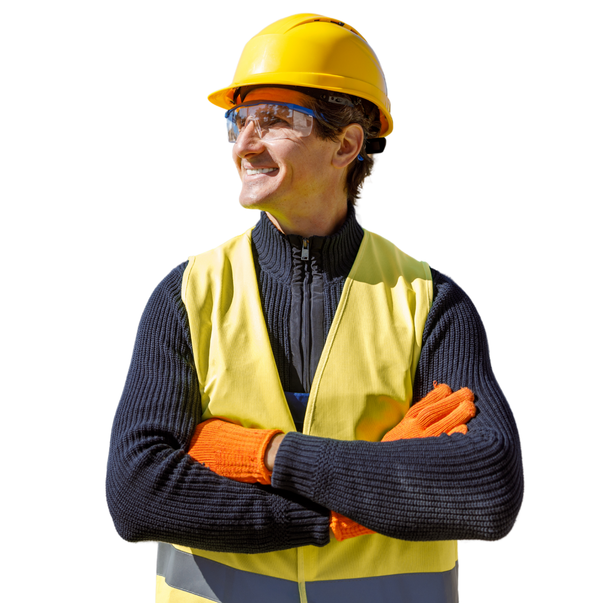 A man wearing a hard hat and safety vest is standing with his arms crossed.