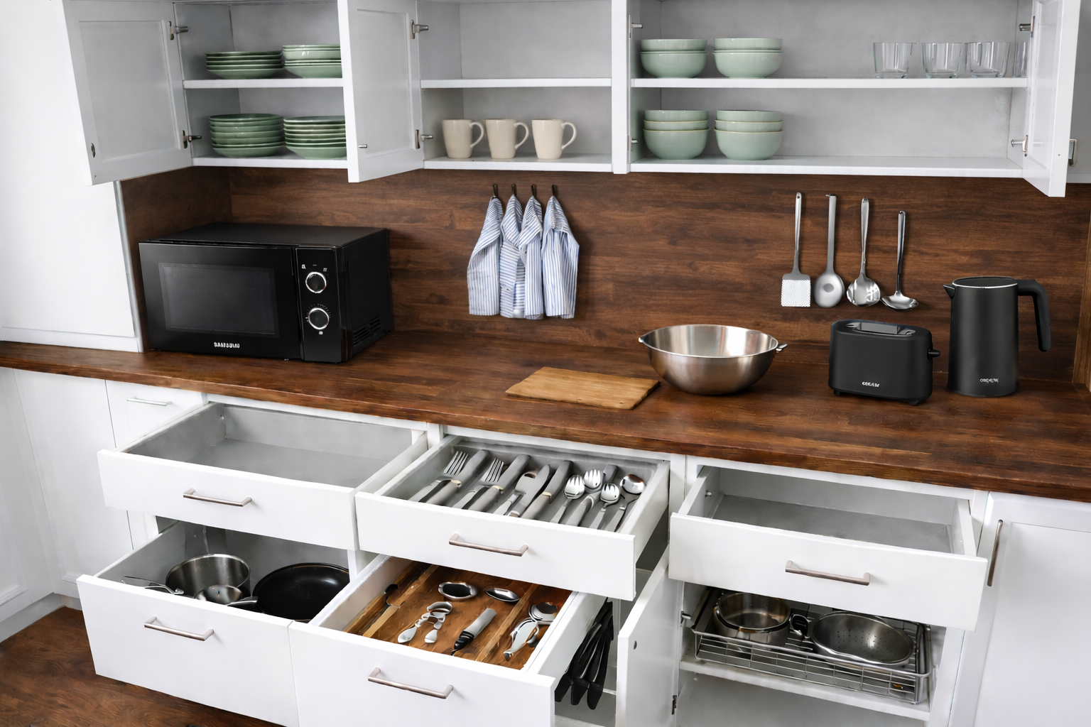Intérieur de cuisine avec placards blancs, tiroirs ouverts, contenant vaisselle, ustensiles, micro-ondes et électroménagers.