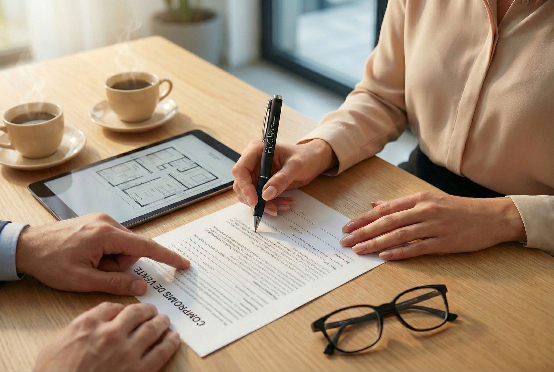Une personne signe un document, une autre désigne du doigt. Sur une table, une tablette avec un plan, des tasses à café.