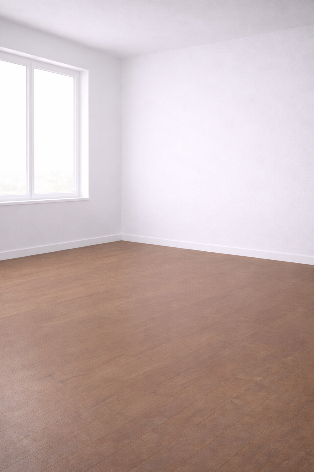 Pièce vide avec des murs blancs, un sol marron et une fenêtre.