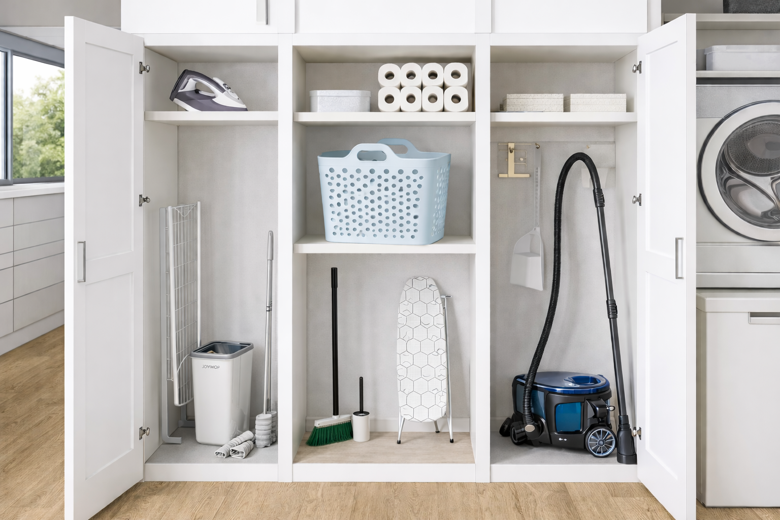 Armoire de rangement blanche pour buanderie, contenant des produits d'entretien et un panier à linge.