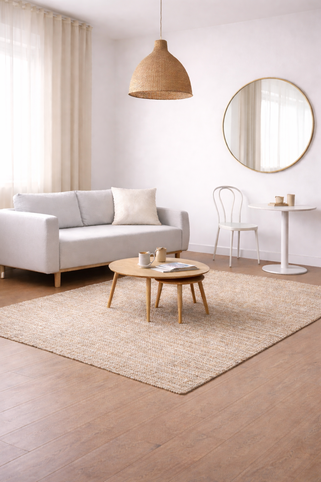 Salon avec canapé clair, table basse ronde sur un tapis beige, miroir rond et suspension lumineuse en tissu tressé.