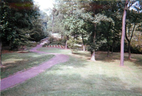 A path in a park surrounded by trees and grass