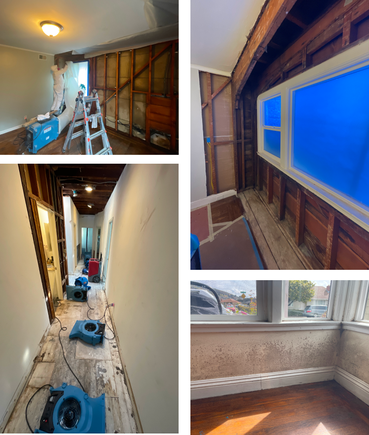 A collage of pictures of a room being remodeled