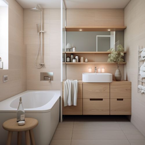 A bathroom with a tub a sink and a mirror