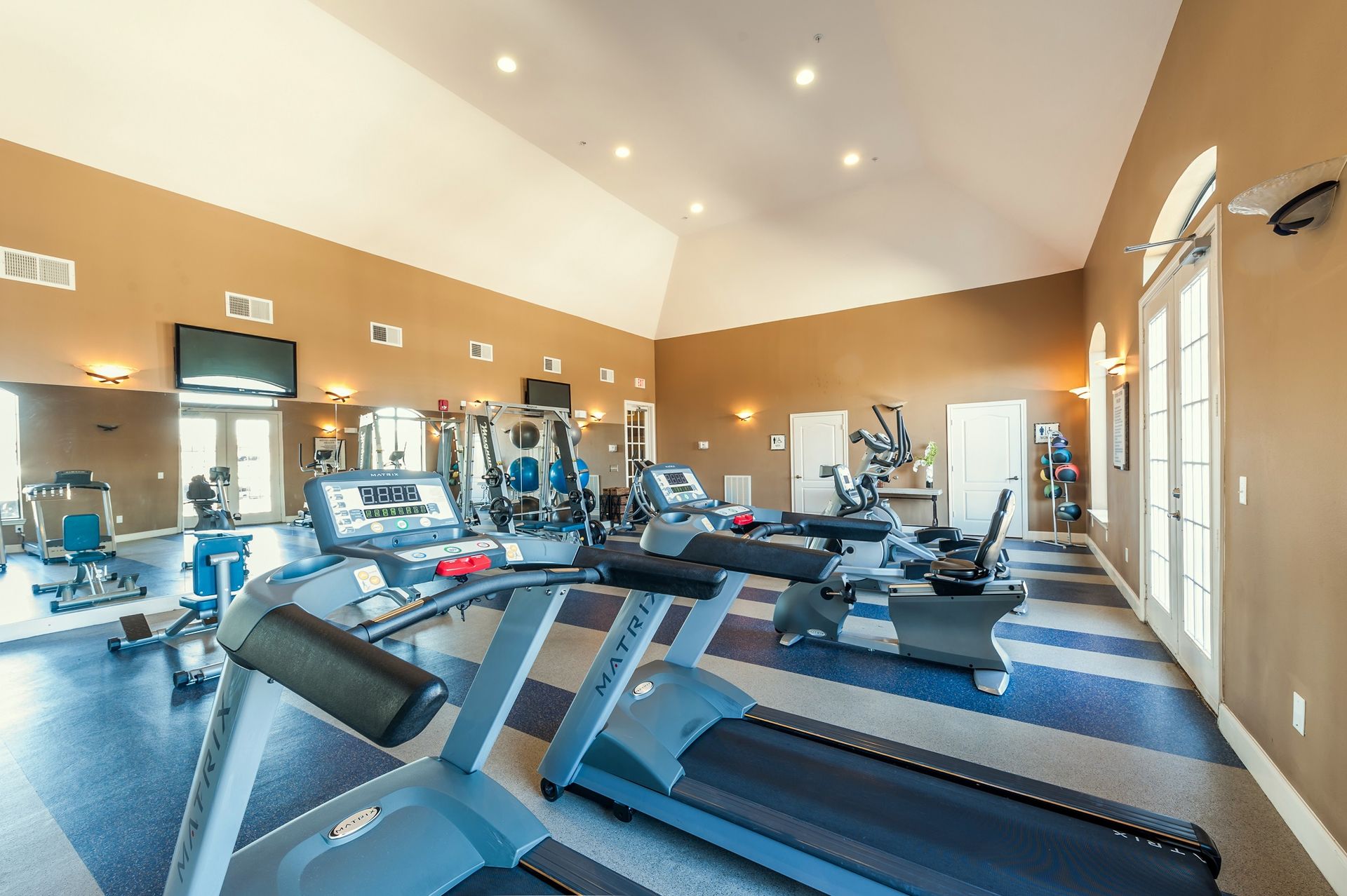 Gym with treadmills, weights, and exercise machines, brown walls, blue and white floor.