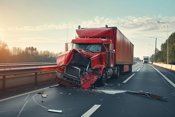 Red semi-truck with front-end damage on a highway, debris scattered, likely after a collision.