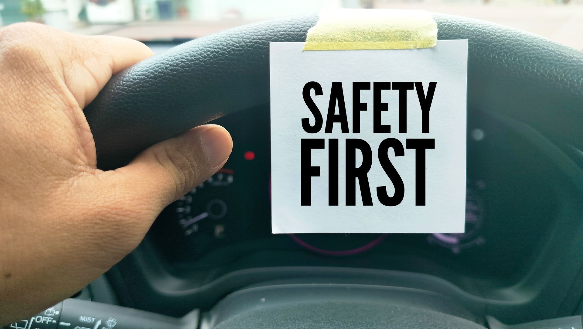 Hand on steering wheel, safety reminder note attached.