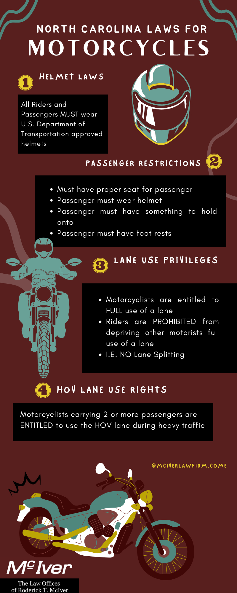 Infographic: North Carolina motorcycle laws. Includes helmet, passenger, lane use, and hot lane regulations.