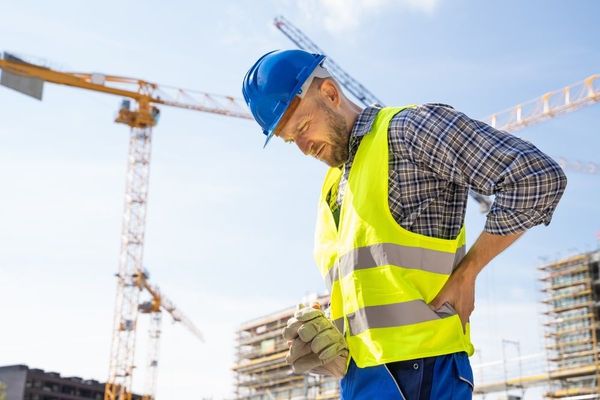 Construction worker holding his back in pain, on a building site.