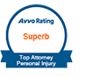 Blue and white badge with "Avvo Rating Superb" and "Top Attorney Personal Injury."