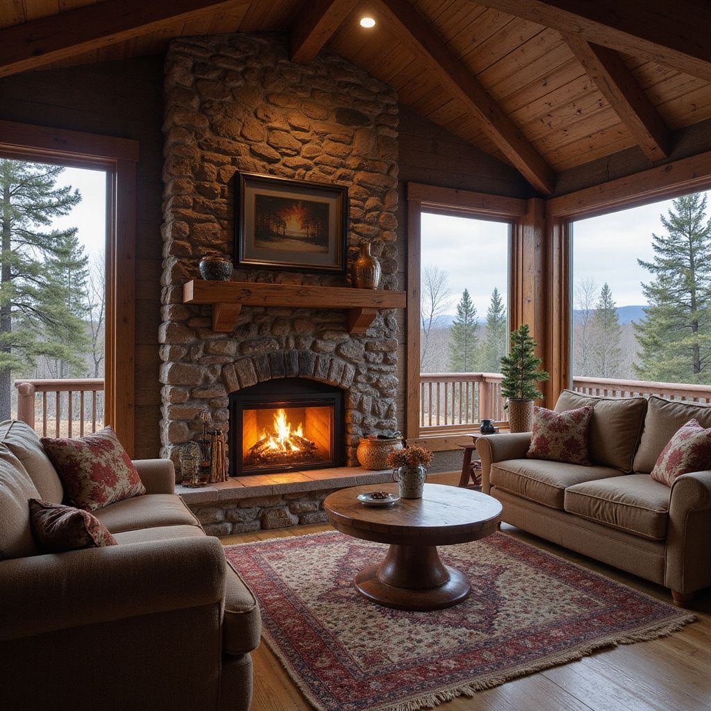 Cozy living room with stone fireplace, couches, round coffee table, and forest views.