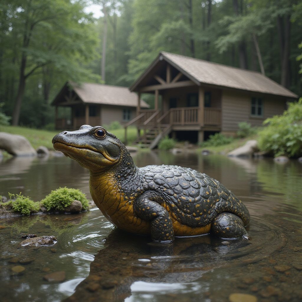 An alligator-like creature in a shallow stream, cabins in the background, forest setting.