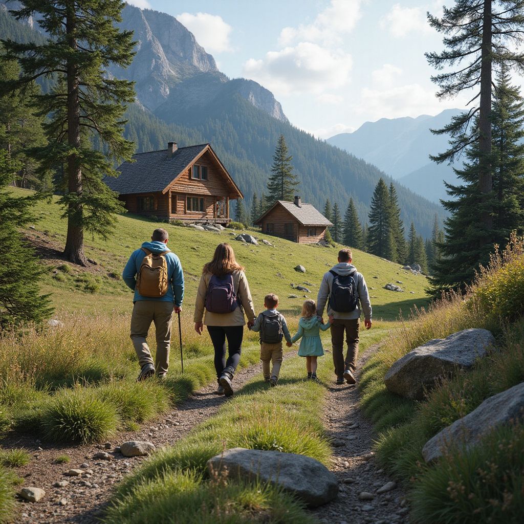 Family hikes on a trail in a mountain landscape, approaching wooden cabins.