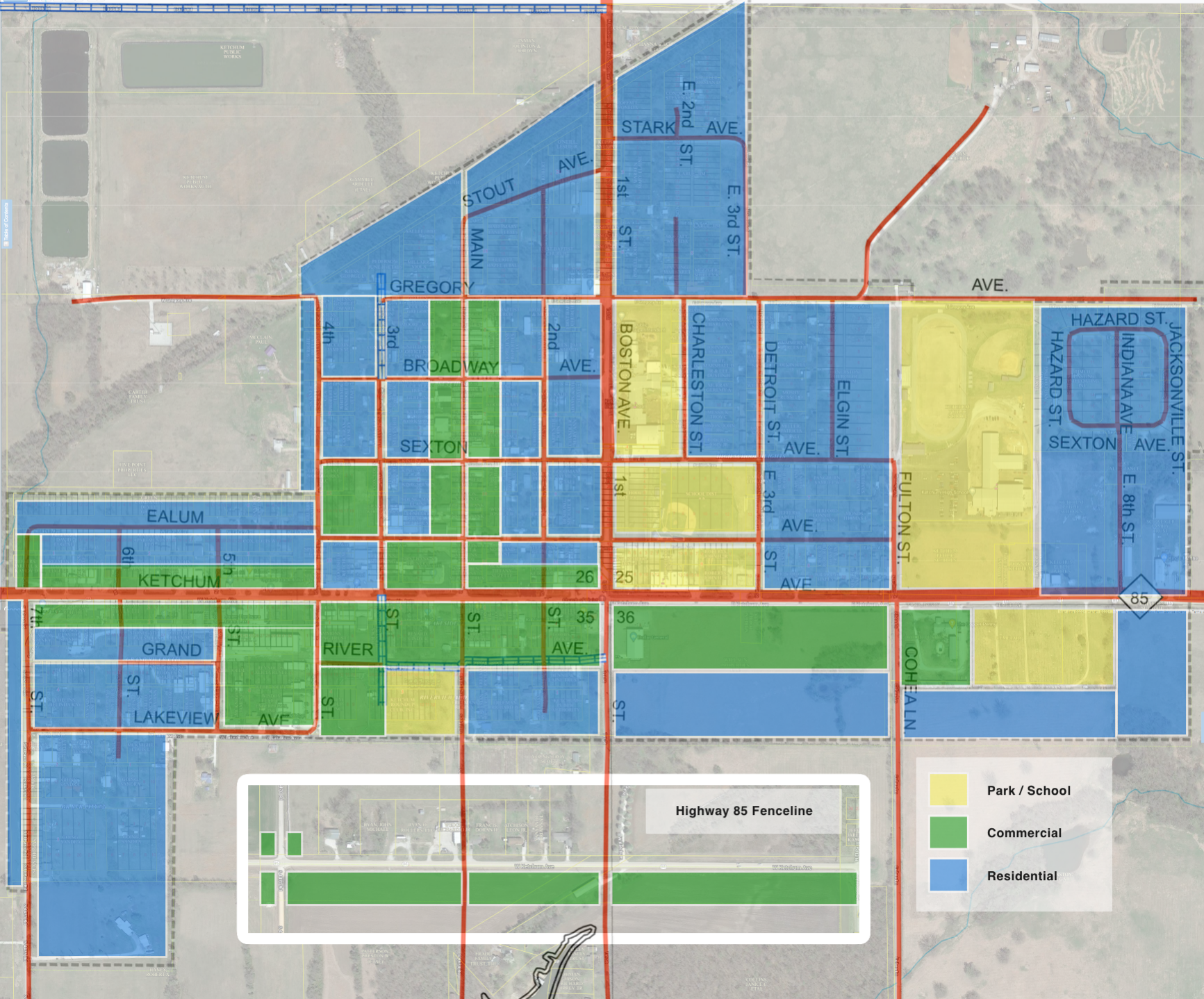 Map showing land use: residential (blue), commercial (yellow), and park/open space (green). Roads are red.