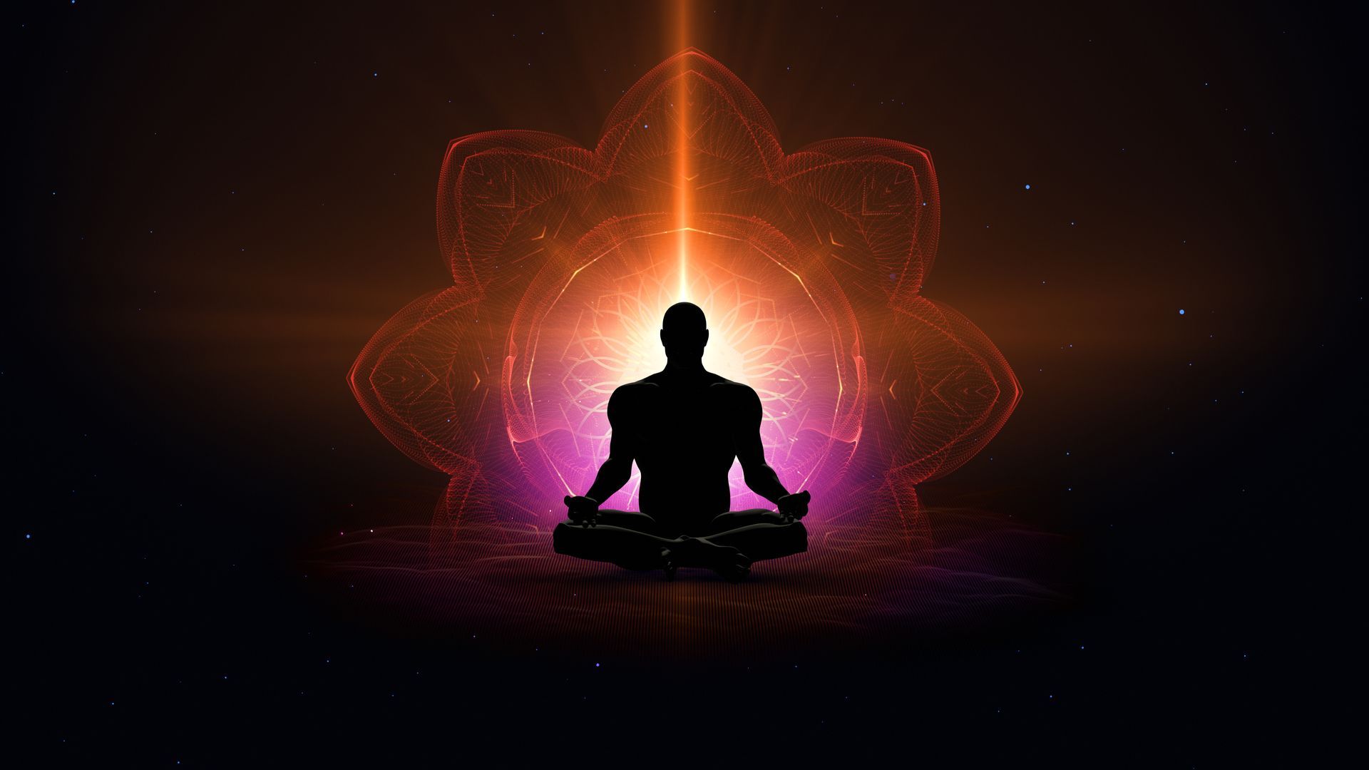 A man is sitting in a lotus position in front of a glowing mandala.
