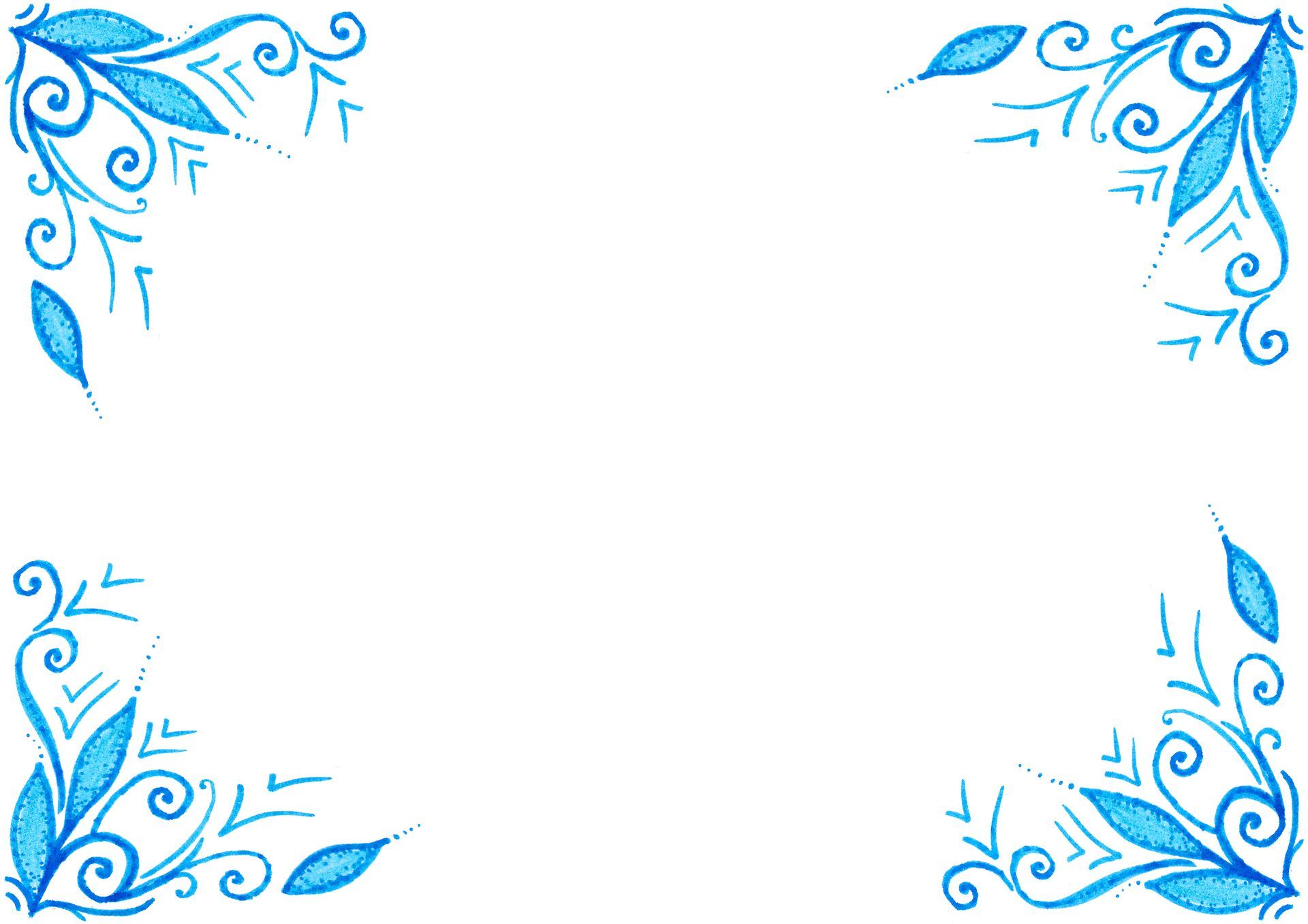 A blue floral frame with leaves and swirls on a white background.
